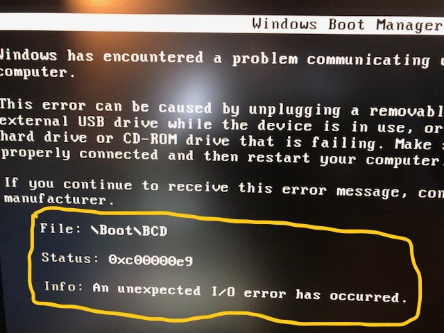 Windows boot manager An unexpected I/O error SSD 故障 交換 修理 横浜 パソコン サポート pc 出張